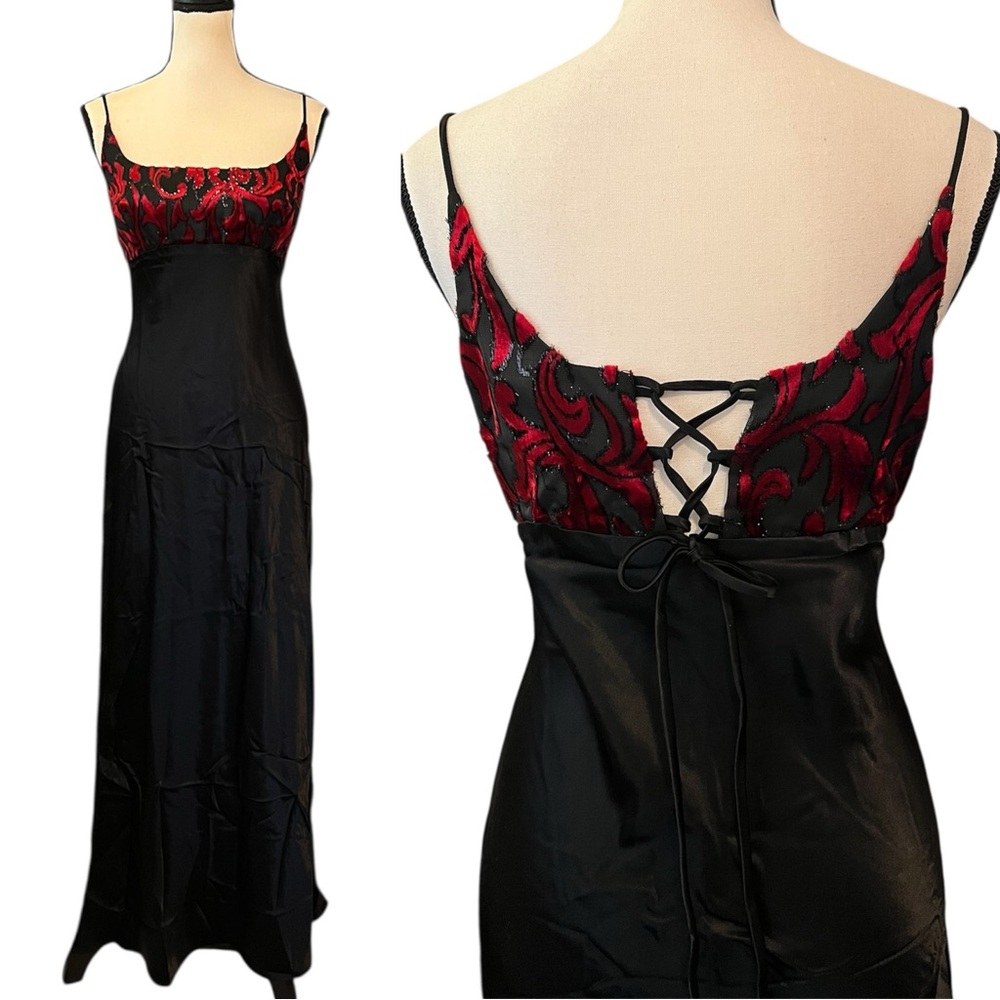 Vintage 90s Rampage Satin Velvet Burnout Corset Tie Back Goth Camp Slip Dress